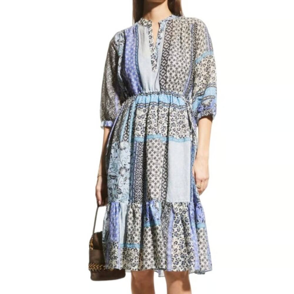 New Johnny Was Marrakesh Patchwork Drawstring Dress Blue V-Neck Sz XS